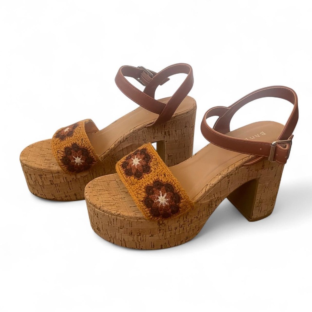 Bamboo Crochet Floral Cork Platform Sandals Brown Mustard Boho Block Heel 41
